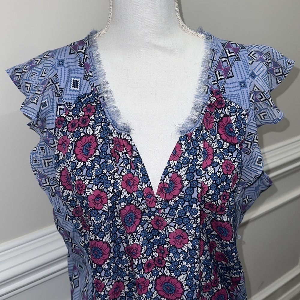 Motherhood Maternity Floral Cap Sleeves Fringe Neck Multi Print Top sz XL - Picture 2 of 6